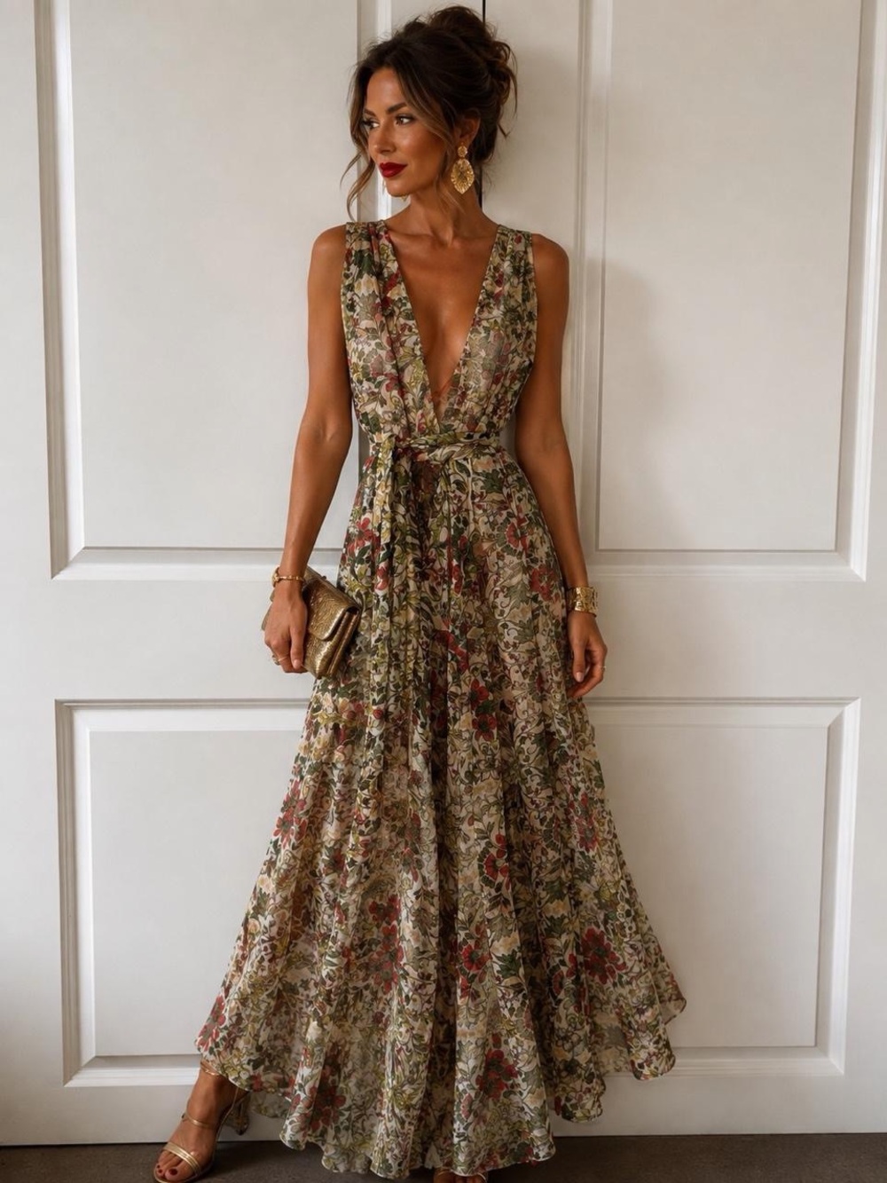 Joyfolie Floral Deep-V Maxi Dress in Olive and Rose